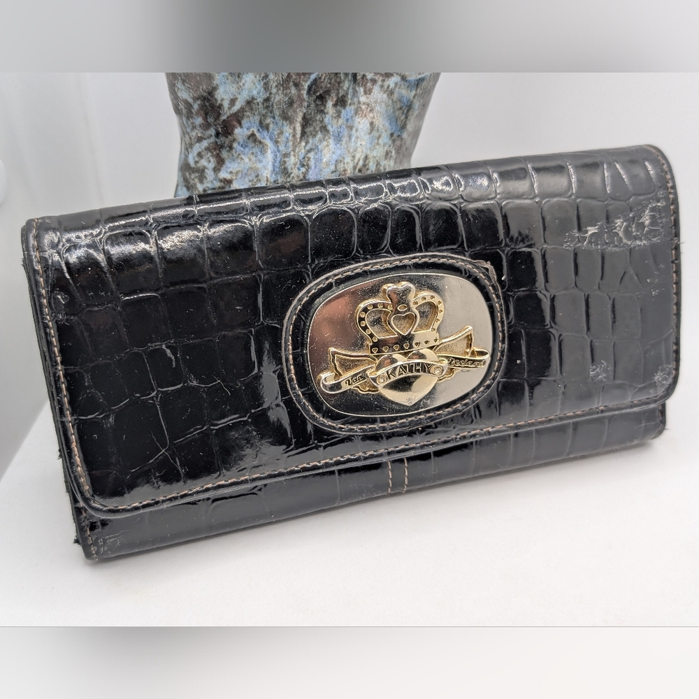 Vintage! Kathy Van Zeeland Black Crocodile Embossed Women's Long Wallet